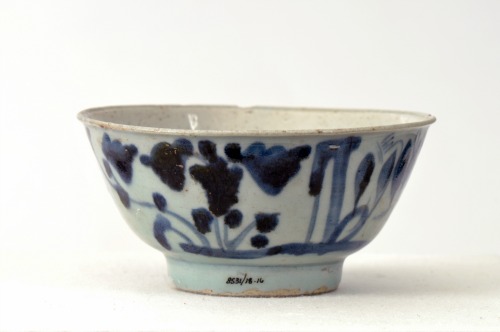 Blue and white rice bowl from the Market Street Chinatown exhibit.